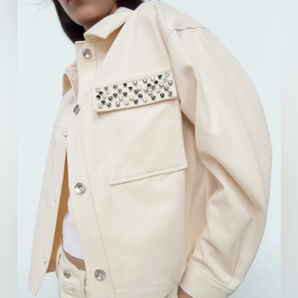 Zara NWT Ivory Beaded Pocket Jacket 100% Cotton Size XS